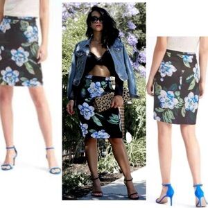 Banana Republic black blue green Floral flower Midi Pencil Skirt Sz 2 NWOT